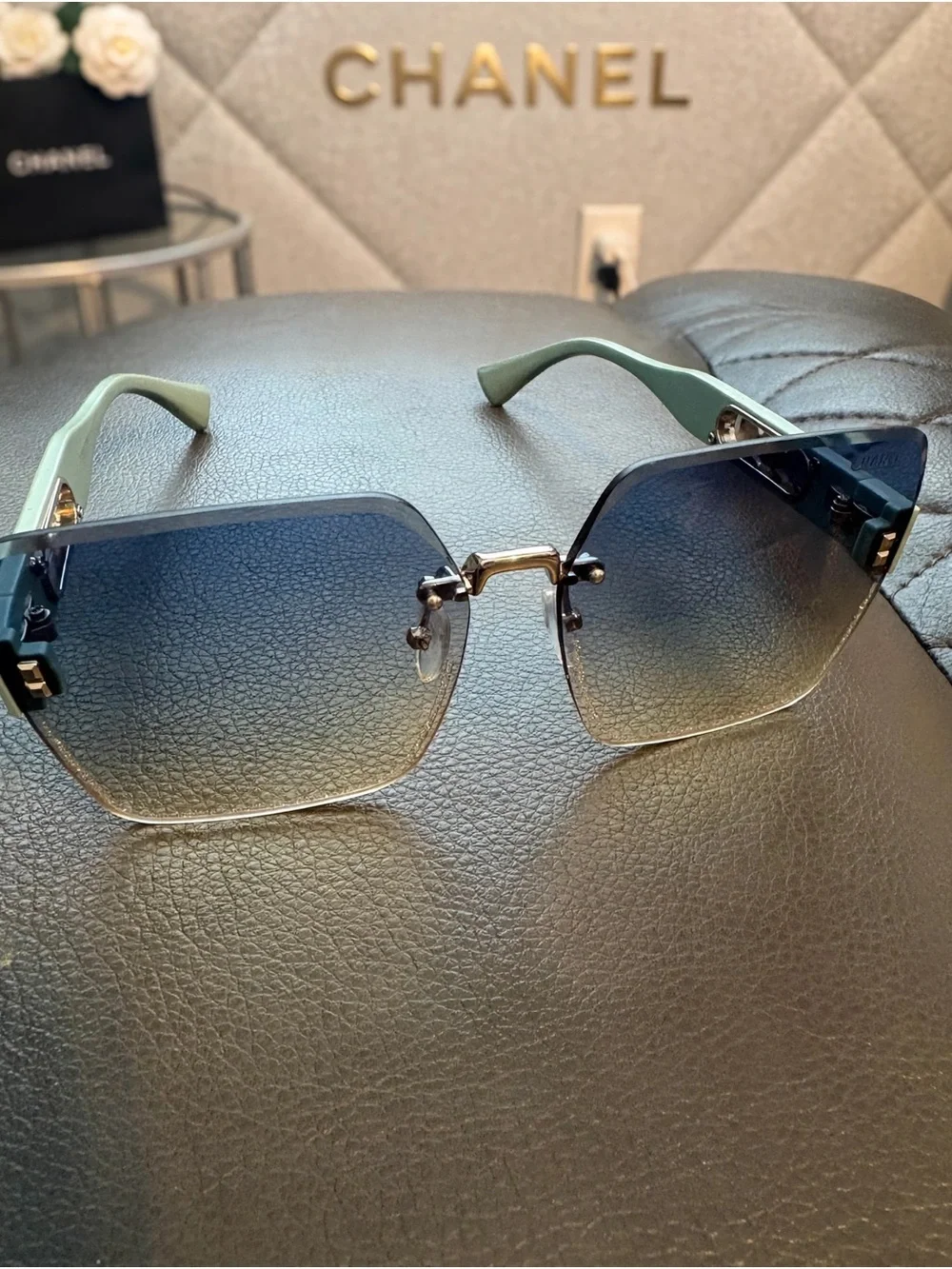 Chanel Gradient Square Rimless Sunglasses in Blue and Green